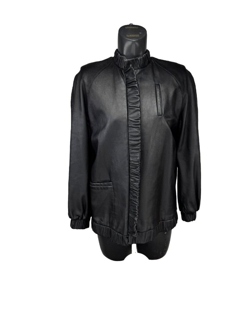 DEBBIE SHUCHAT Vintage Ruffle trim Black Leather Jacket Size L